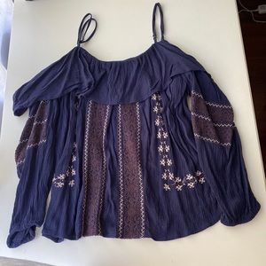 American Eagle, XS, Navy Embroidered Off-the-shoulder Top